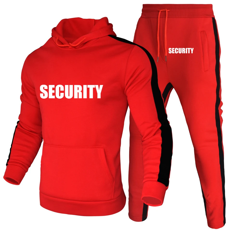 Spring Autumn Men's Suit Security Uniform Print Hoodies Sportwear Fashion High Quality Cotton Mens Sweatshirt+Sweatpants 2Pcs