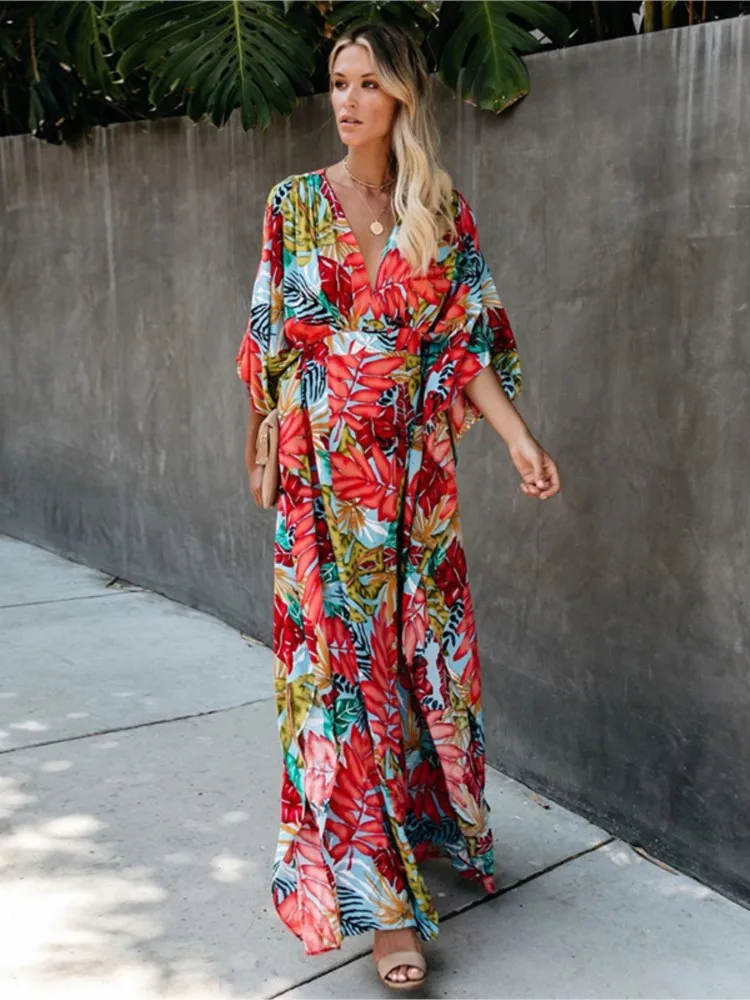 Boho Floral Print Long Dresses For Women 2024 Summer Autumn New Batwing Sleeve High Waist Slit Vacation Beach Party Dress Robe