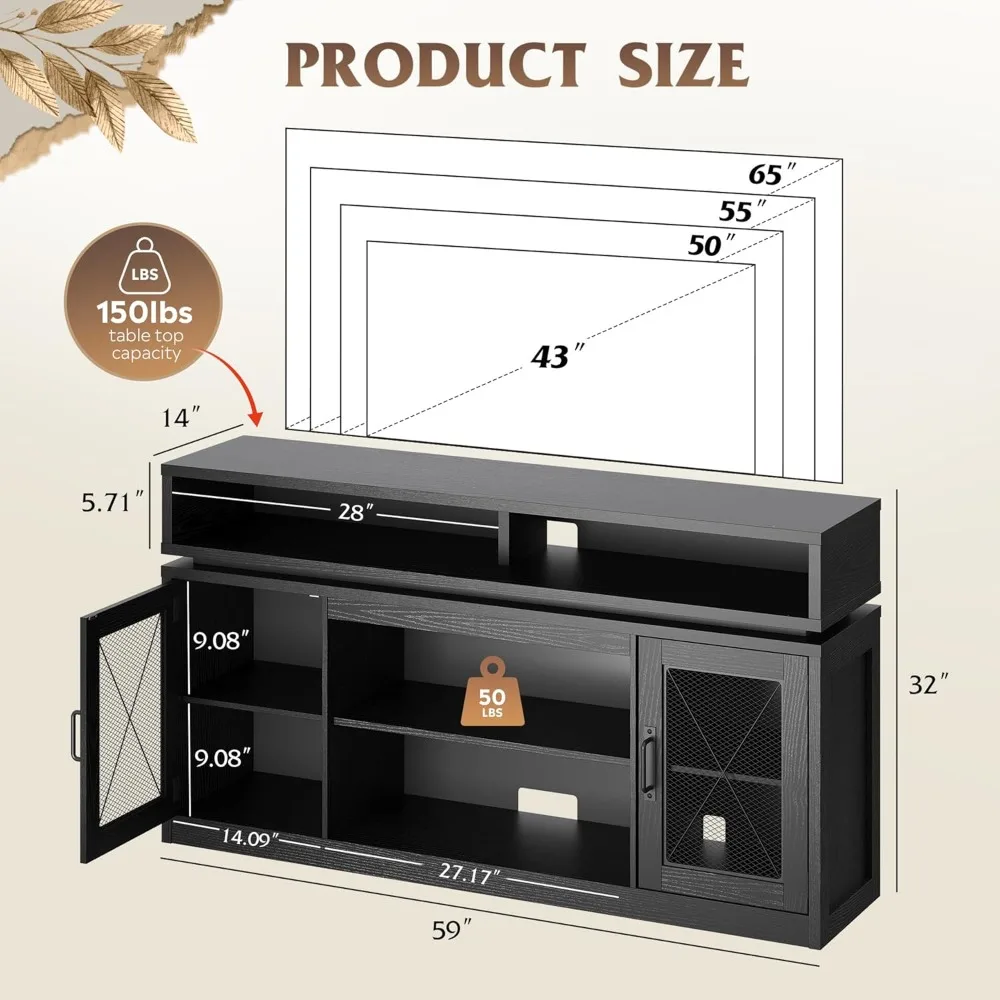 Meblowy regał RTV w stylu farmhouse na telewizor 65 cali z wysokimi szafkami do przechowywania i konsolą multimedialną z oświetleniem LED.