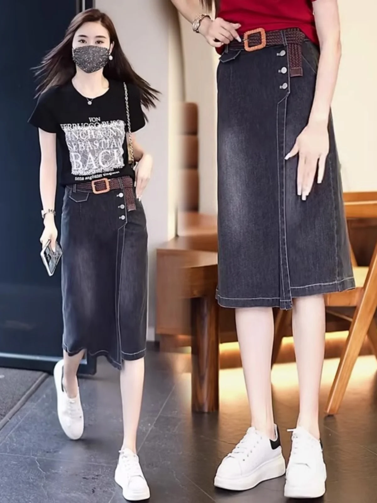 

Женская джинсовая юбка с высокой талией, повседневные тонкие брюки на семь футов, широкие брюки, однотонные юбки средней длины для поездок на работу