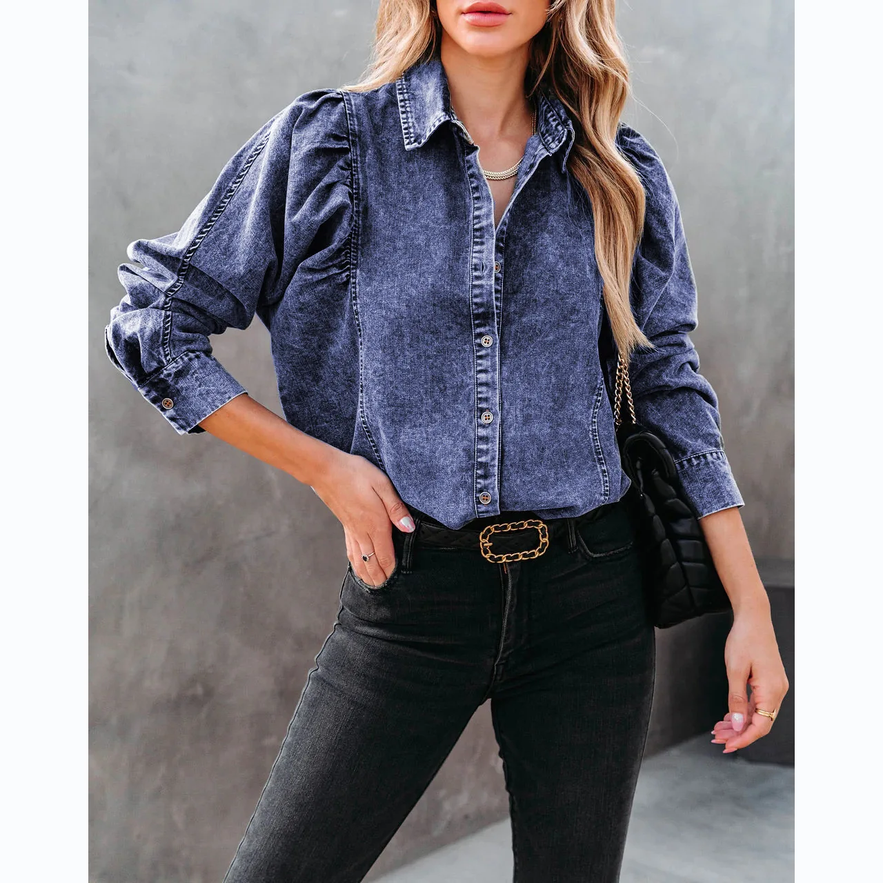 Autumn Winter Casual Loose Cowboy Shirt Blouse Women Fashion Solid Batwing Sleeve Shirts For Women 2024 Street Folds Button Tops