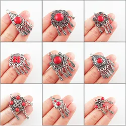 Fashion New Red Turquoise Stone Charms Flower Teardrop Crown Shield Tibetan Silver Plated Tassels Pendants Retro HCJBAB