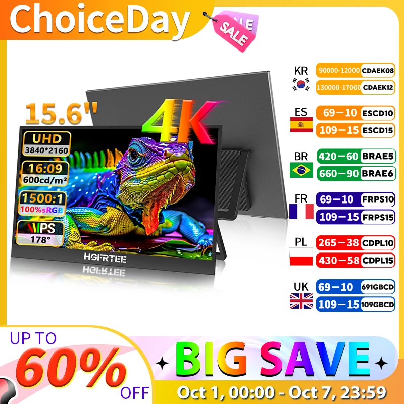 

HGFRETEE 4K 15,6-дюймовый портативный монитор UHD 100%sRGB USB-C HDMI 600cd/m2 IPS Внешний дисплей для ноутбука Mac PS5/4 Xbox Switch