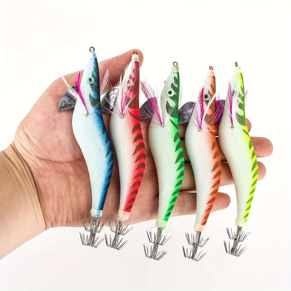 5 Stück leuchtende Tintenfisch-Jigs, Garnelenhaken, bionische Garnelenköder aus Holz – Salzwasser-Angelköder