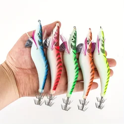 5pcs Luminous Squid Jigs Prawn Hook Wooden Bionic Shrimp Baits - Saltwater Fishing Lures