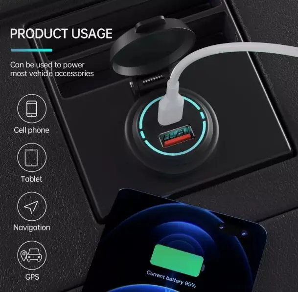 TYPE-C+USB Socket Car Power Charger DC12-24V 48W Output PD+QC3.0 Dual Socket Fast Charging Car Charger with Waterproof Cover
