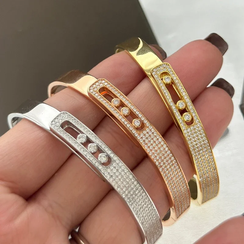 

925 Sterling Silver Move Noa Bangle Pave Cubic Zirconia 3 Diamonds Stones Movable Bracelet Women High-end Luxury Brand Jewelry