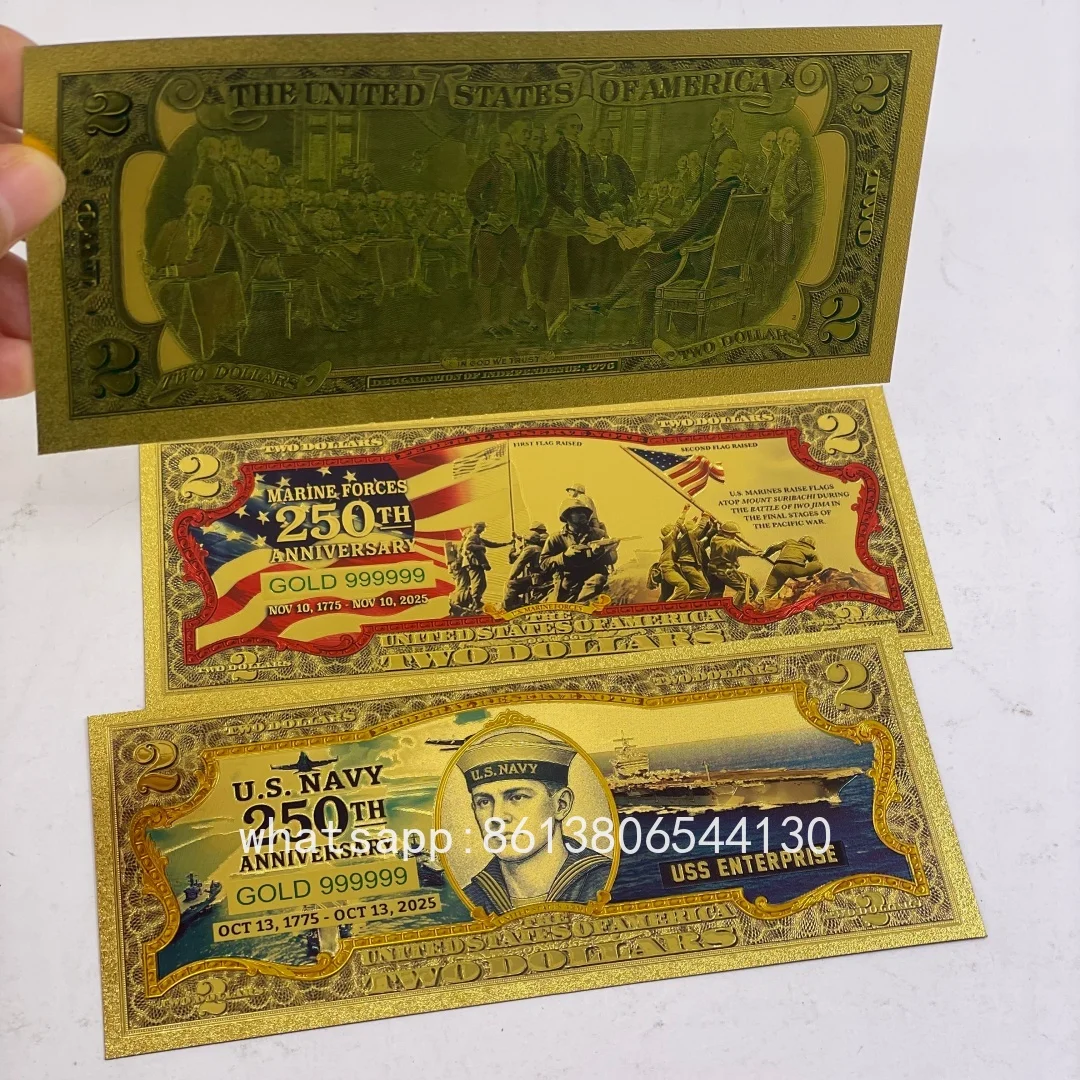 

Золотая банкнота на 2 доллары США «Морские силы и ВМС США» к 250-летию, коллекционная сувенирная банкнота в подарок
