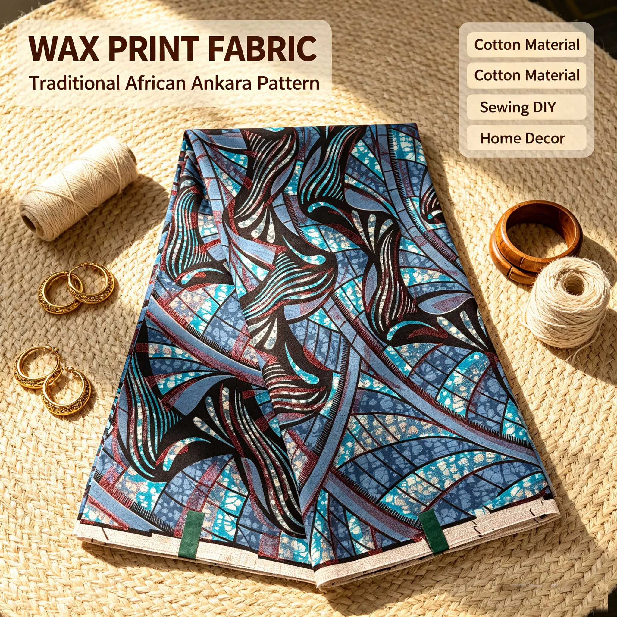 Luxury Golden Glitter African Ankara Wax Fabric 100% Cotton Blue Geometric Print Pagne Hollandais Batik Cloth For Women Dress Se