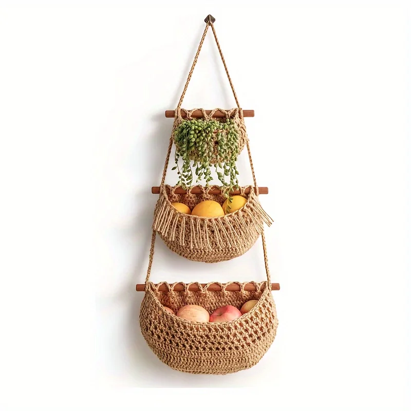 3-Tier Hanging Fruit Basket - Handwoven Jute Wall Organizer For Kitchen, Living Room & Bathroom Storage Hanging Fruit Basket