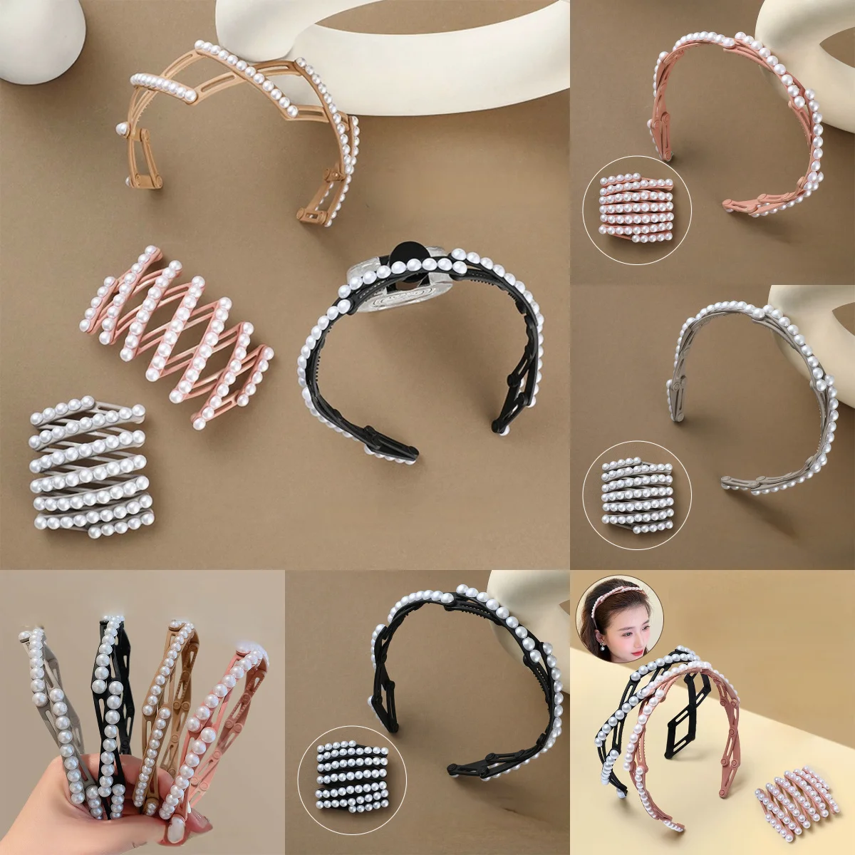 

Elegant Foldable Hair Band with Pearl Detail Portable Travel Design for Women Flyaway Management Vacation Styling Accessory