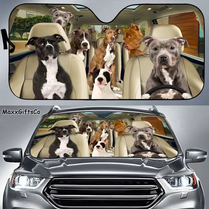 Pit Bull Terrier Car Sun Shade, Dogs Windshield, Dogs Family Sunshade, Dogs Car Accessories, Car Decoration, Gift For Dad, Mom