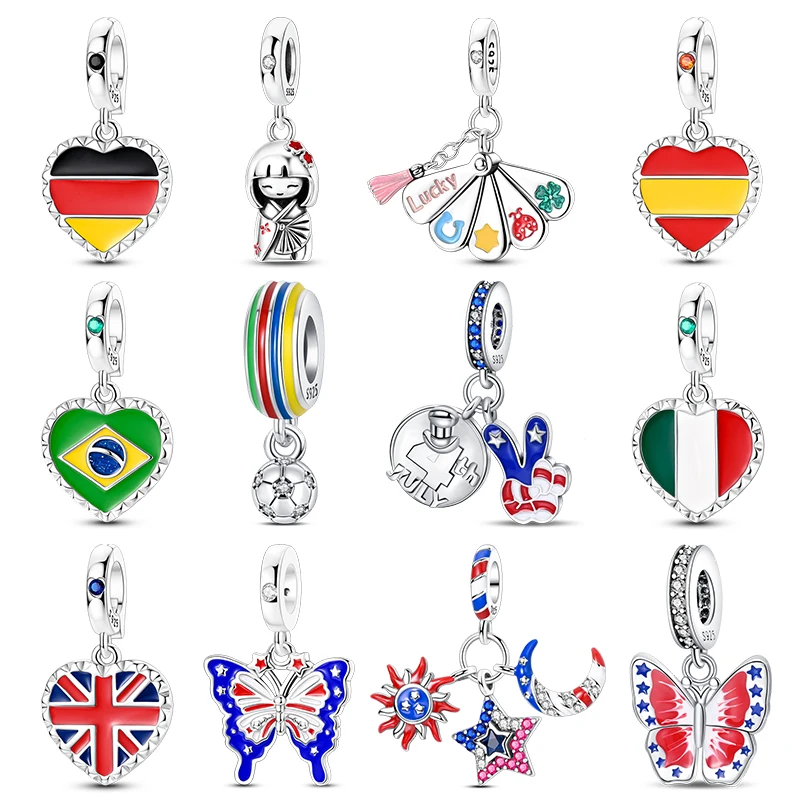 New Travel Country Flag Dangle Charm 925 Sterling Silver CZ Zircon Heart Bead Pendant For Women Bracelet Souvenir Jewelry Gift