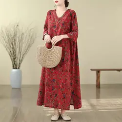 Women's Oversized Cotton Linen Dress 3/4 Sleeve Long Summer Dress 2026 New Vacation Style Beach Travel Dress Z4893