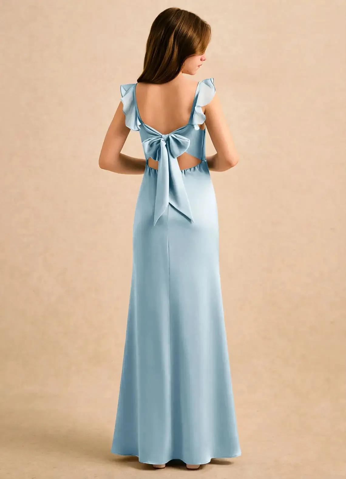 Cswdocy Chic Girls Bridesmaid Dress Ruffle Strap Back Cutout Bow Side Slit Ruffle Mermaid Flower Girl Dress For Pageant Formal