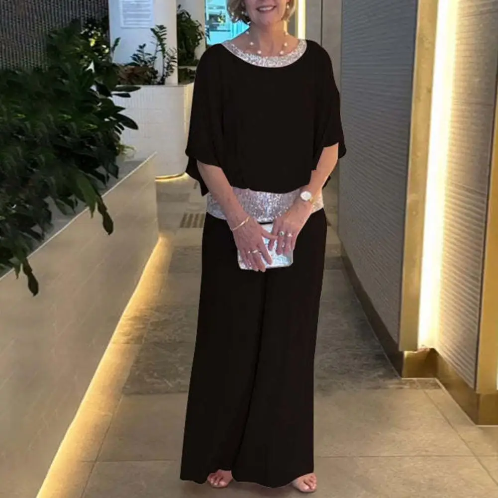 Damskie spodnie z szerokimi nogawkami i wysokim stanem Stylowe cekiny Rękawy nietoperza Damski top Spodnie Garnitur Luźne spodnie z szerokimi nogawkami Zestaw na co dzień