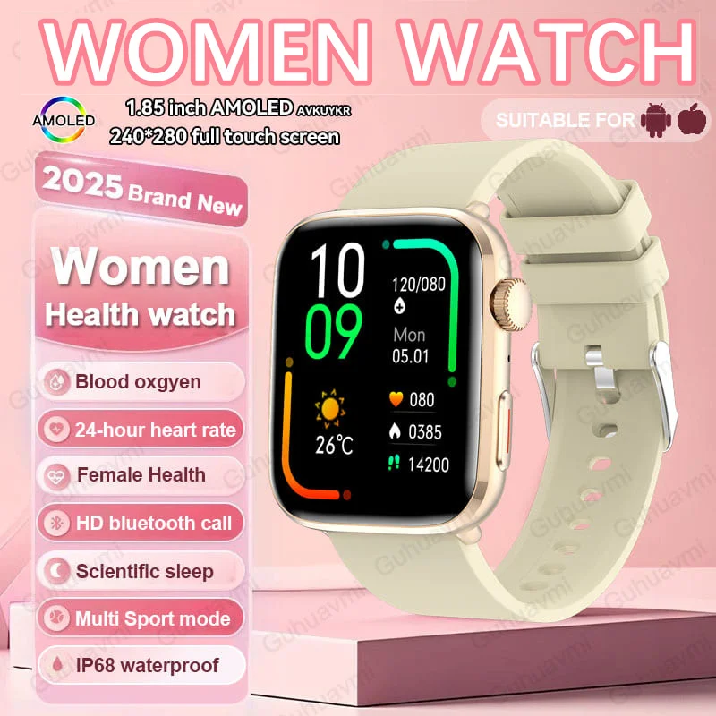 GUHUAVMI 2025 neue NFC-Smartwatches für Damen, 1,85 Zoll AMOLED-HD-Bildschirm, IP68, wasserdicht, Herzfrequenz-Tracker, BT-Anruf-Smartwatch 6