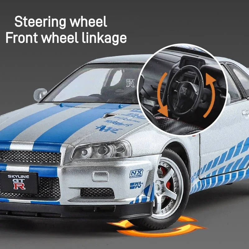 1:24 Scale Car Nissan Skyline GTR-R34 Alloy Vehicle Model Diecast Metal Fast&Furious Collectible Childrens Birthday Toy Gifts