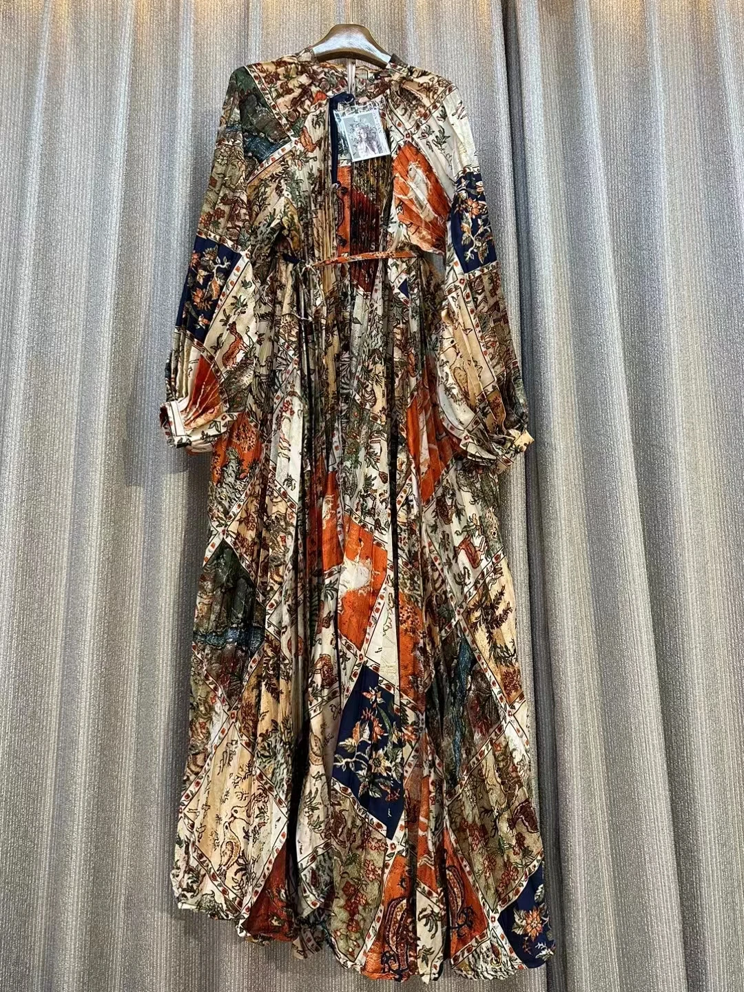 Vestido bohemio de manga larga con estampado Retro para mujer, ropa de noche holgada, plisada por debajo de la rodilla, de cintura alta, de alta calidad, Primavera, 2024