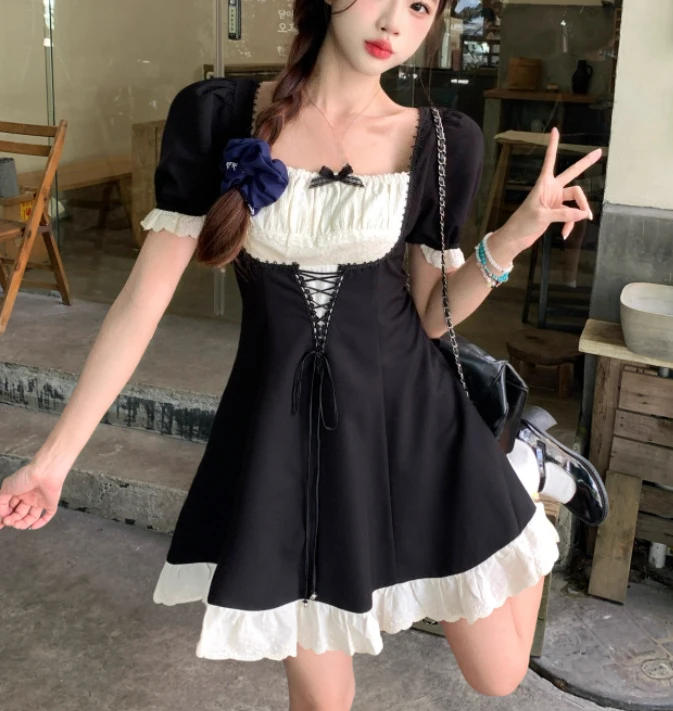 فستان نسائي صيفي كبير الحجم برقبة مربعة فرنسية مزين بالدانتيل فستان أسود عالي الخصر على شكل حرف a متعدد الاستخدامات لتخفيض العمر فساتين جامعية #2