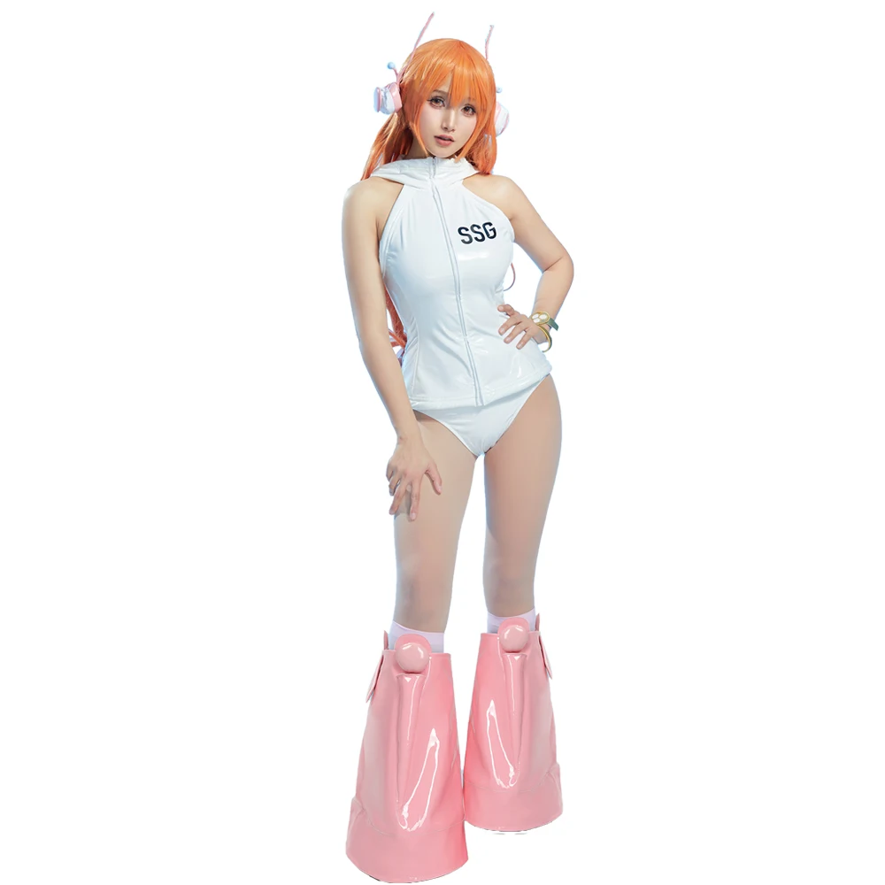 Disfraz de Cosplay de Miccostumes para Mujer, Chaleco con Capucha Blanco de Anime y Pantalones con Riñonera y Brazalete