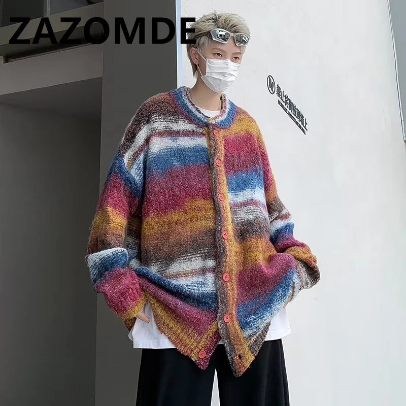 ZAZOMDE Winter Punk Knitted Sweaters Men Stripe Designer Oversized Harajuku Streetwear Sweaters Fall Hip Hop Cardigan Jumper Top