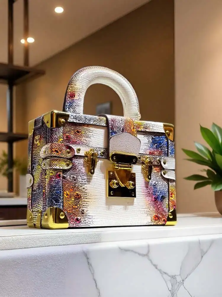 

Fall 2025 New Handheld Small Box Bag Genuine Leather Lizard Pattern Crossbody Box Bag adient Color High-End Feel Ladies Purse