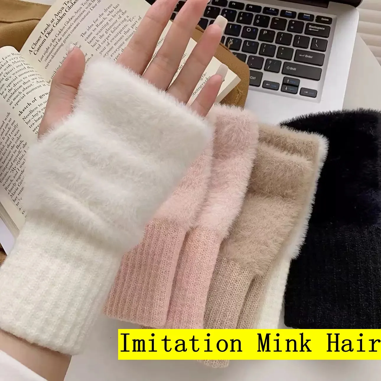 

Winter Touch Screen Plush Warm Gloves Women's Outdoor Warm Stretch Furry Mittens Wool Half Finger Fingerless Wrist Mitten y2k