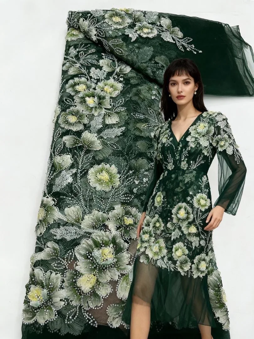 

Green African Flower Lace Fabric African Crystal Sequins Lace Fabric 2025 High Quality Mesh Groom Lace For Sewing Party Dress