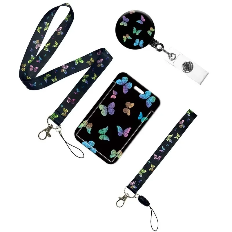 Card Cover Case Colorful Butterfly Retractable Easy Pull Badge Reel Long Short Mobile Phone Lanyard Card Holder Clip String