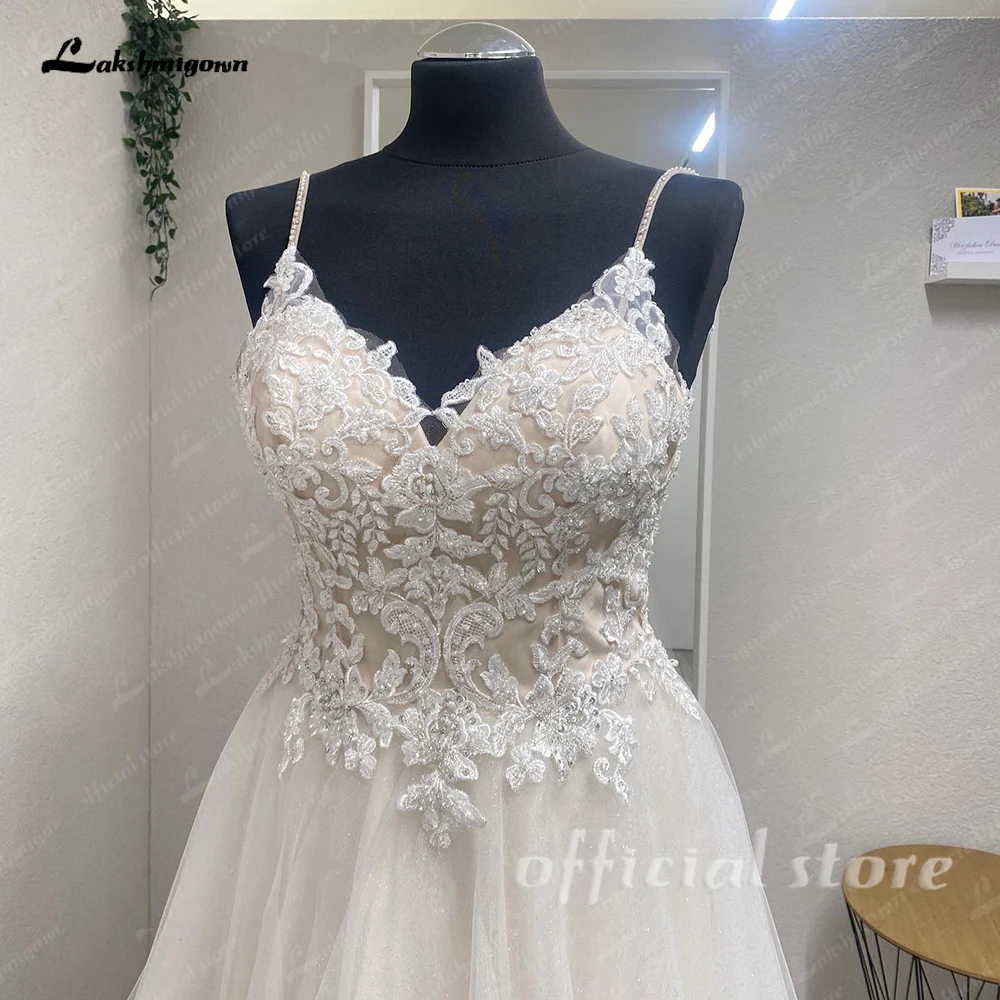 Lakshmigown Elegantes Tüll A-Linien-Hochzeitskleid Sexy V-Ausschnitt Spitzenapplikationen Brautkleid Spaghettiträger Boho Vestido Maßanfertigung – Detail 6