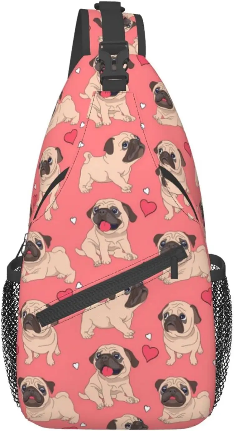 

Funny Cartoon Pug Puppy Dog Heart Pink Sling Backpack Crossbody Sling Bag Travel Chest Daypack Hiking Shoulder Bag for Women Men