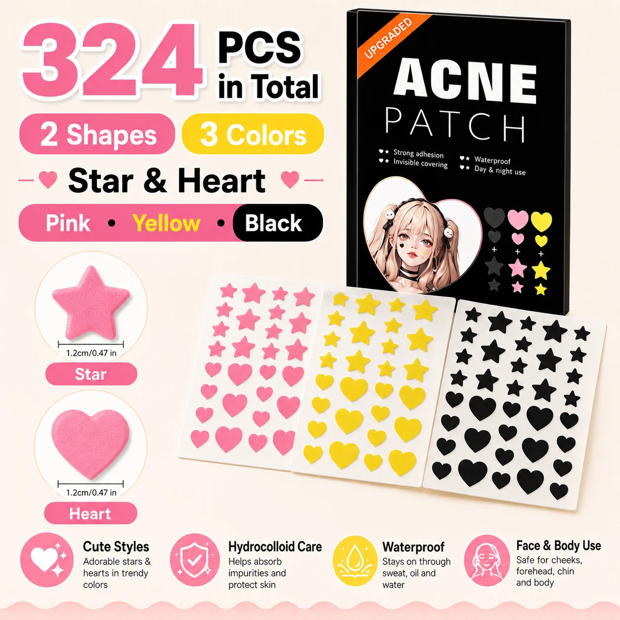 324PCS Acne Patches Heart & Star Shaped Invisible Face Stickers Ultra Thin Pink Yellow Black