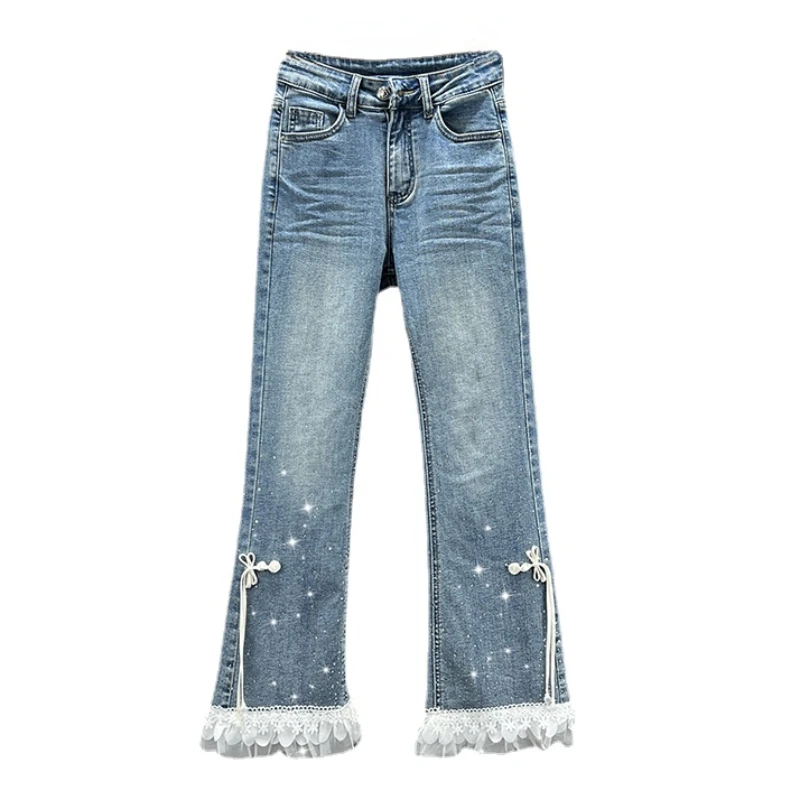 

Lace Stitching Denim Bootcut Trousers Women's 2024 New Spring High Waist Slimming National Style Rhinestone Jeans Flare Pants