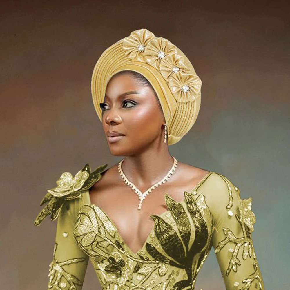 

Shiny Nigeria Wedding Geles Party Headpiece Turbante Mujer Fashion African Auto Gele Headtie Women's Head Wraps Hijab Bonnet Hat
