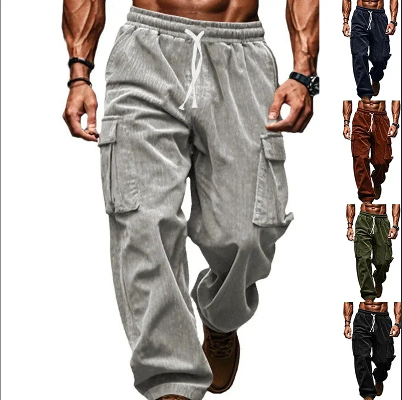 

Autumn Winter Casual Breathable Corduroy Pants Men's Trousers Wide-leg Multi-pocket Full Length Solid Color Pants