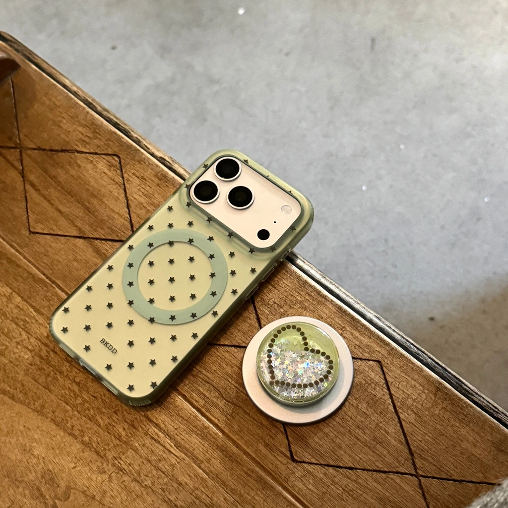 

Korean Style Green Matte Star Pattern Magnetic With Holder Phone Cover Case for iPhone 17 16 15 14 Pro Max