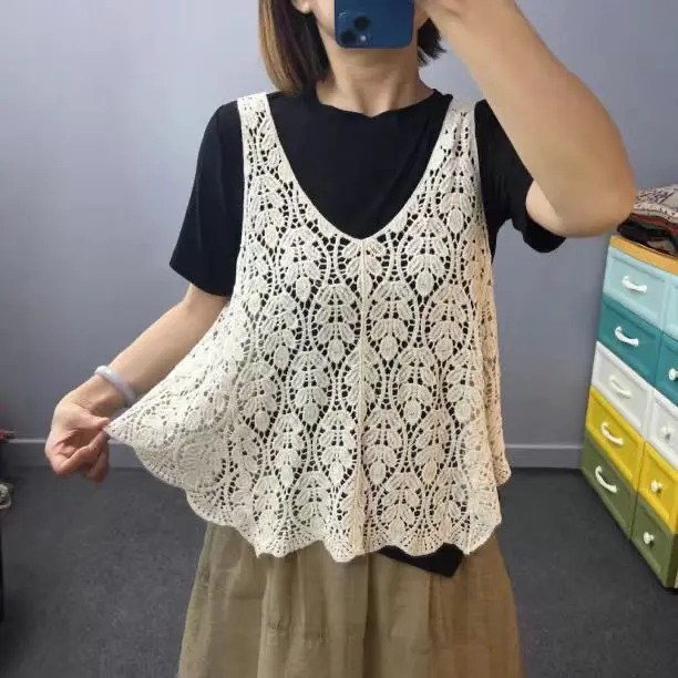 2024 new style Vest Vintage Hollow Out Crochet Summer Beach Cover Up Top Asymmetric v-neck Cotton Lace Waistcoat Knitted D278