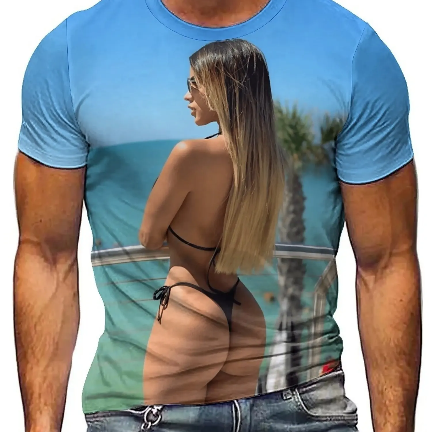 تي شيرت رجالي بأكمام قصيرة مطبوع ثلاثي الأبعاد - تصميم مثير لمشهد الشاطئ، أزرق فاتح، مقاس فضفاض، بوليستر مسامي