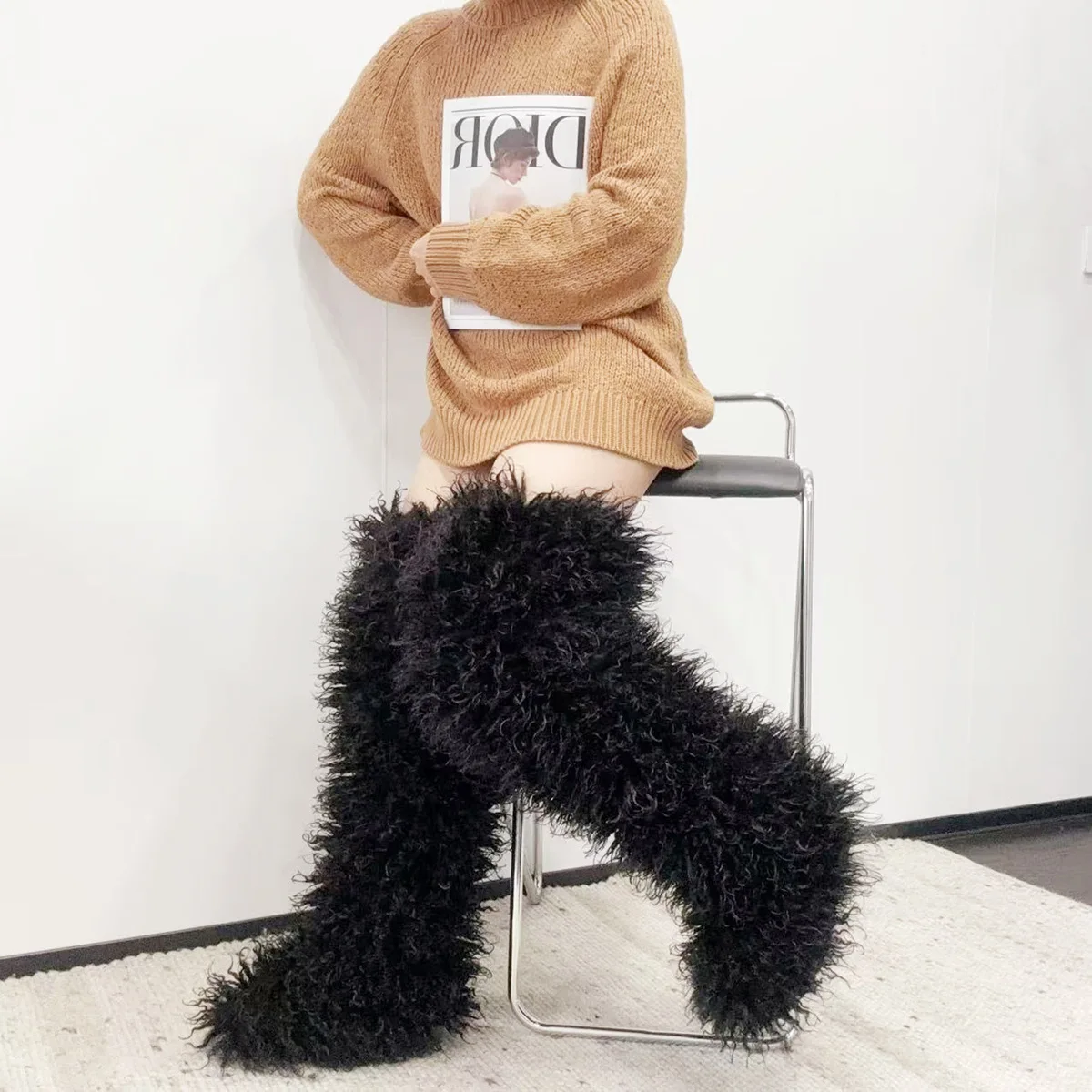 CHMURY Thigh High Mongolian  Fur Boots Faux Tall Boots for Women