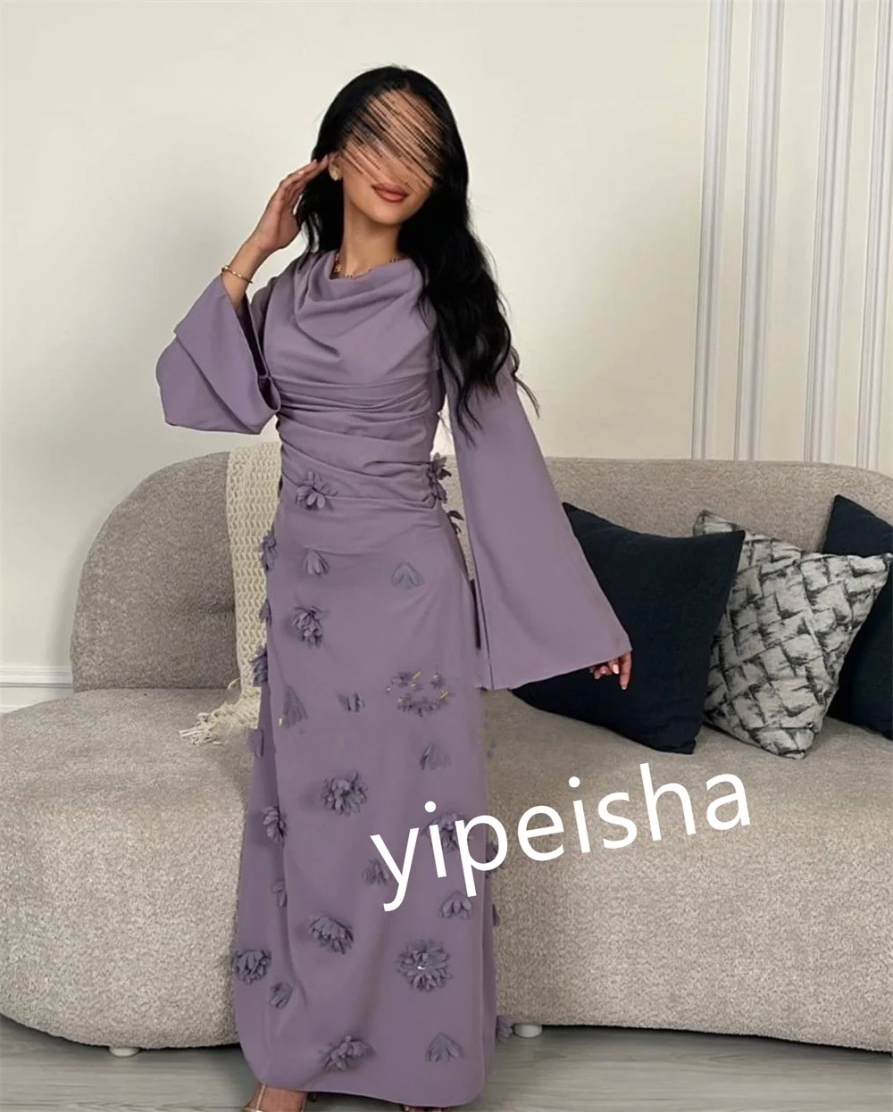 Personalizado jérsei applique formal noite em linha reta o-pescoço sob medida ocasião vestido midi vestidos