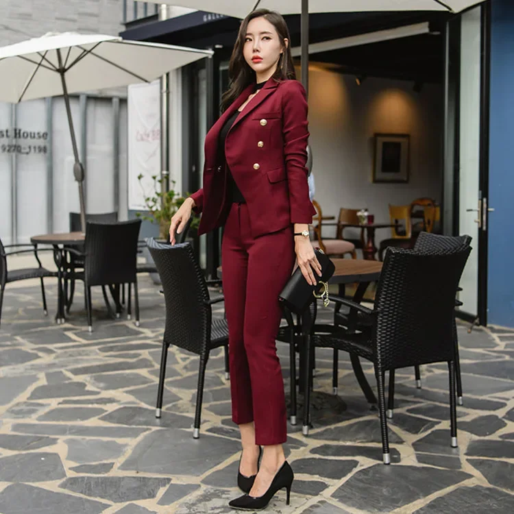 Sexy wine red slim style women\'s trousers slim body suit waist double-breasted jacket and pencil pants OL professional women\'s