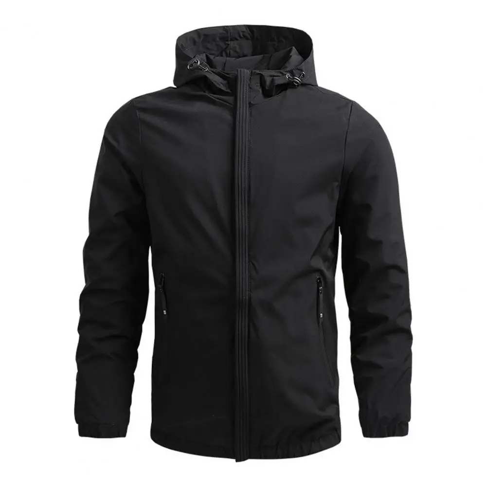 

Men Jacket Hooded Long Sleeve Solid Color Jacket Coat With Pockets Zipper Placket Windproof Waterproof Running Gym Outwear