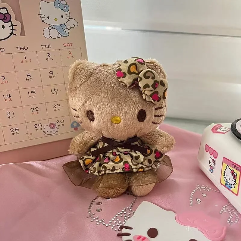 Sanrio 헬로 키티 브라운 레오파드 인쇄 레이스 스커트 봉제 인형 키 체인 소녀 가방 펜던트 지퍼 장식 어린이 장난감