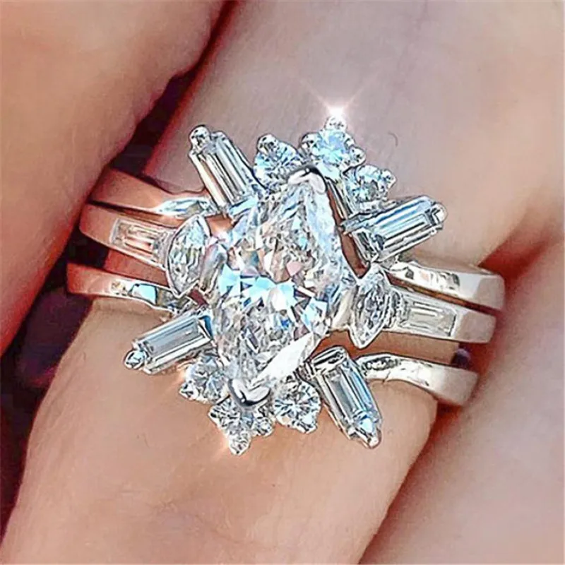 925 Sterling Silver Set Rings for Women 3Pcs Bright Zirconia Female Wedding Band Jewelry Detachable Wear Lady Accessories