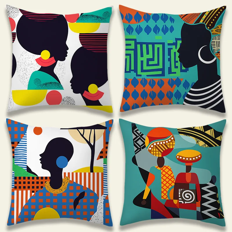 African Tribal Figure Throw Pillow Covers, Geometric Ethnic Print Cushion Cases, Bold Afrocentric Home Decor Bedroom Living Room
