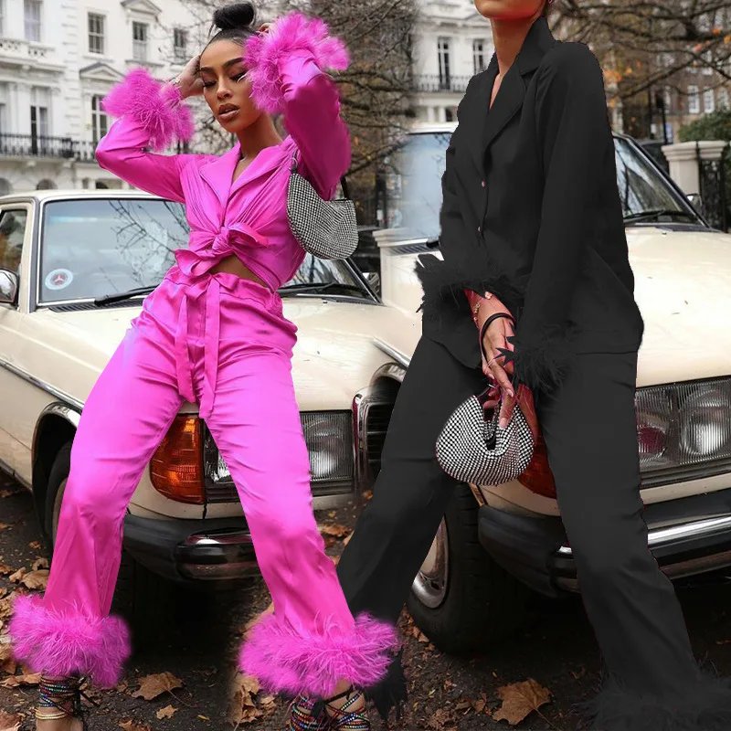 

Sexy Casual Long Sved Suit Women's Straight Leg Pants Satin Two-Piece Set Faionable Ensemble for Ages 25-35 Polyester Fabric