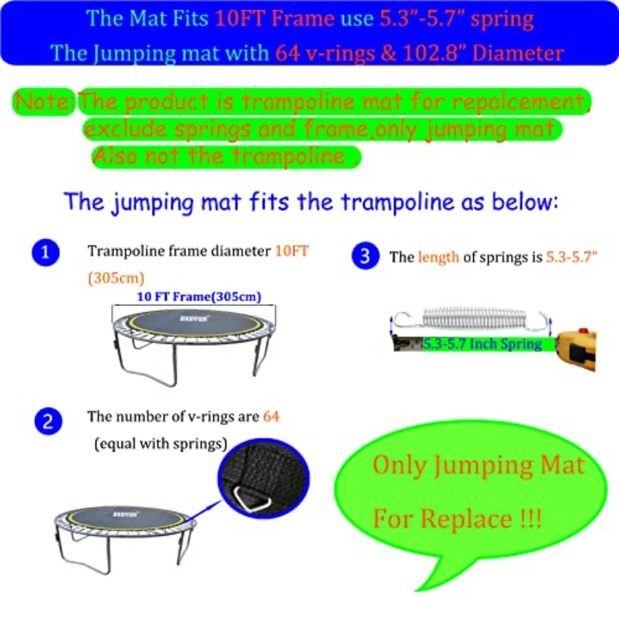 Trampoline Replacement Mat 10ft for 10ft Frame UV-resistant polypropylene black 8-row reinforced stitching for durability inclu