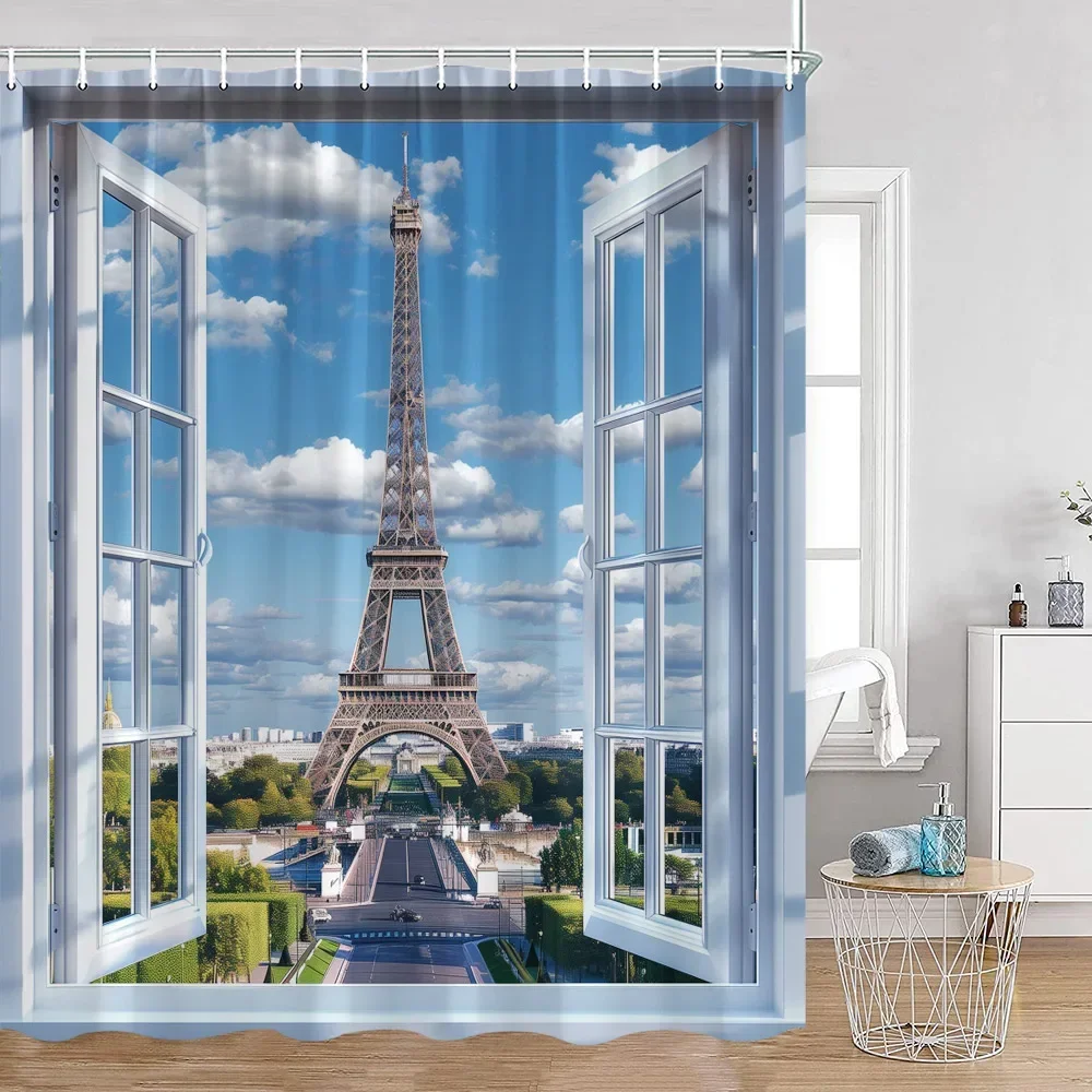 

Pink Fashion Romantic Shower Curtain Paris Landscape dress Pink Bathroom Decoration Modern Bathroom Curtain with Hook