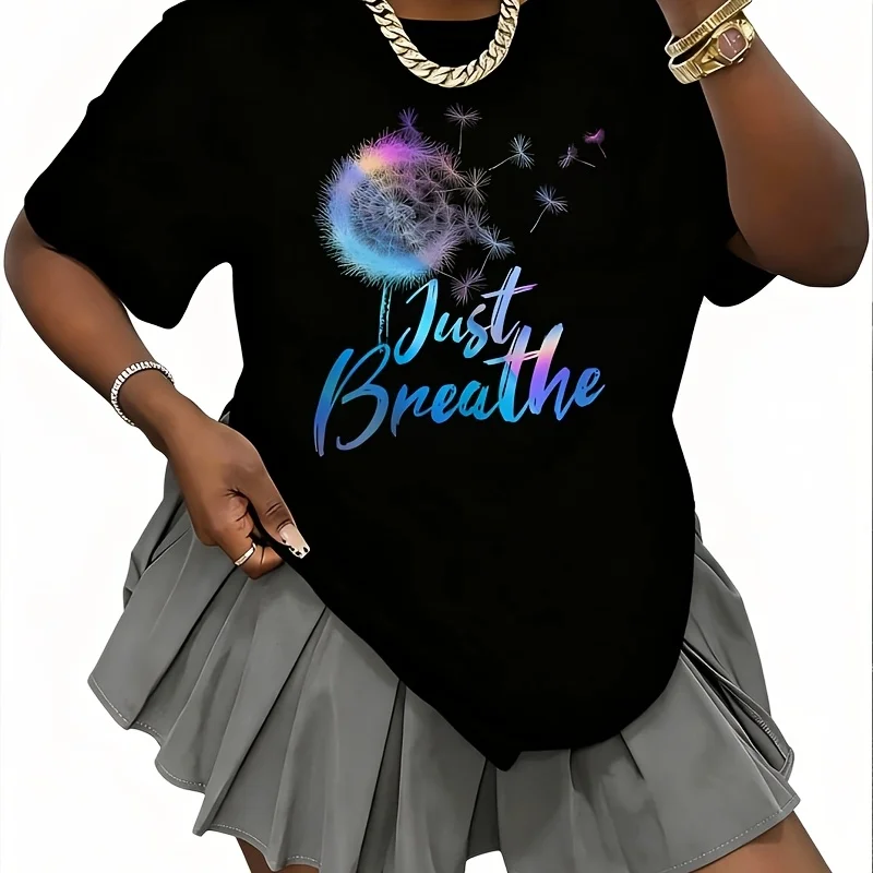 Just Breathe Dandelion Wildflower Botanical Nature Flower Women's 100% Cotton T-Shirt Fun Print Short Sleeve Top Casual Round Neck Tee S-5Xl